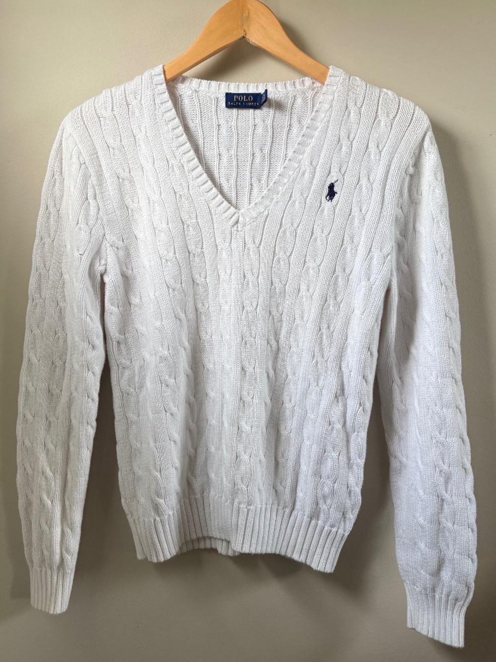 Ralph Lauren V Neck White Cableknit Sweater